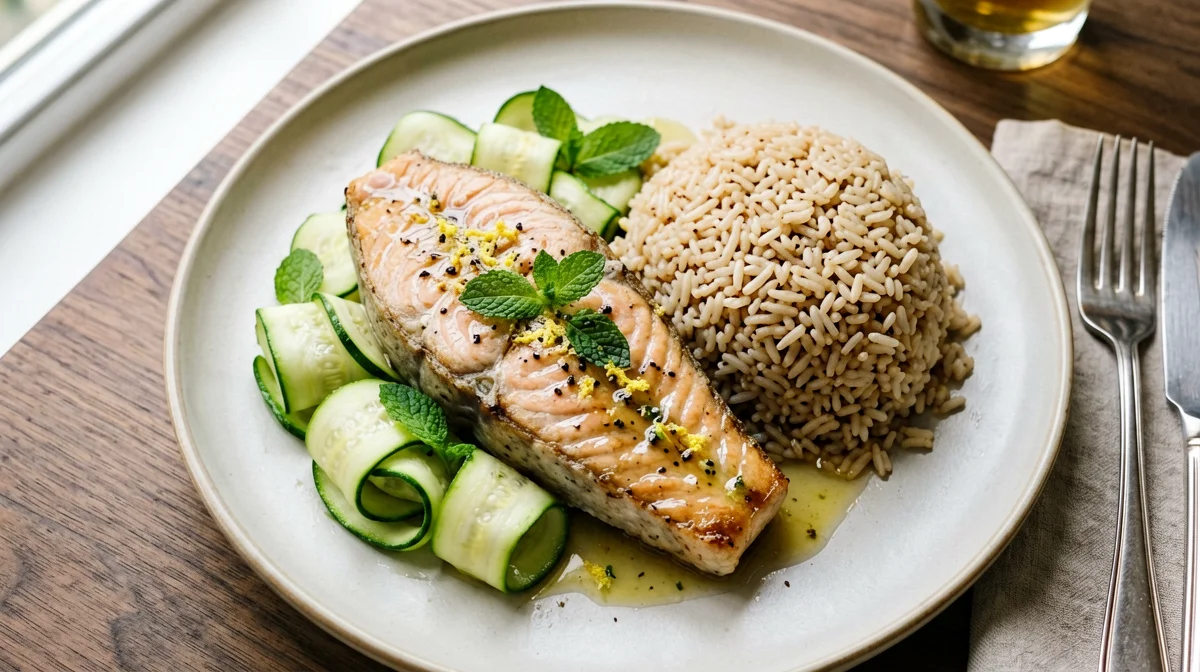 Pesce spada al cartoccio con zucchine, menta e riso integrale