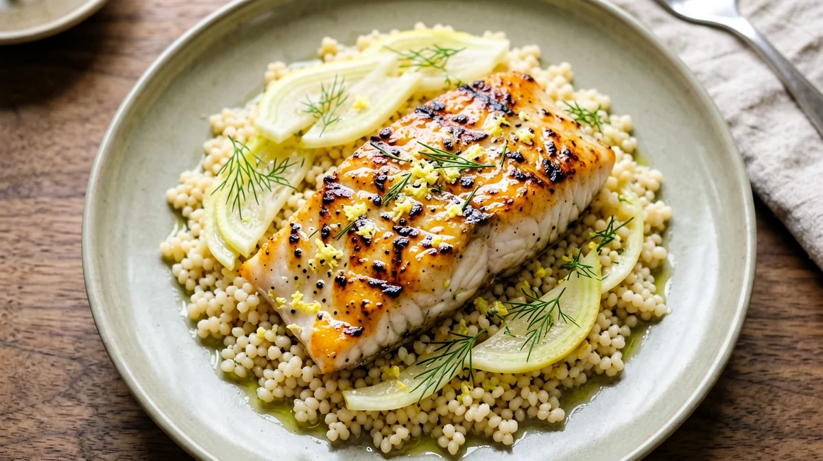 Citrus grilled grey mullet with couscous and fennel