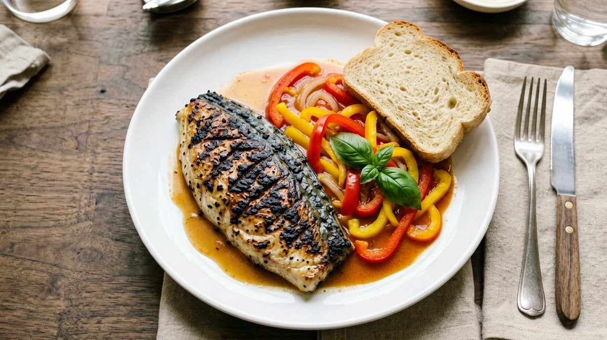 Grilled bonito with peperonata and bread