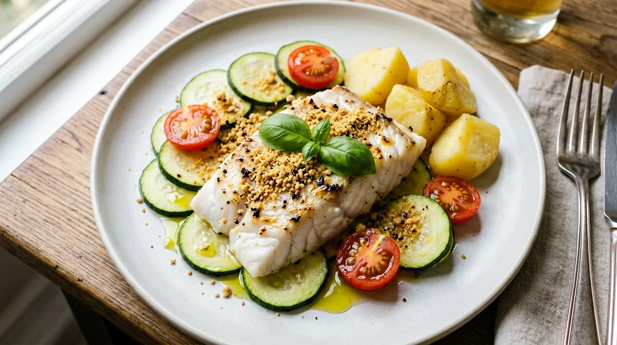 Sole gratin with cherry tomatoes, zucchini and boiled potatoes