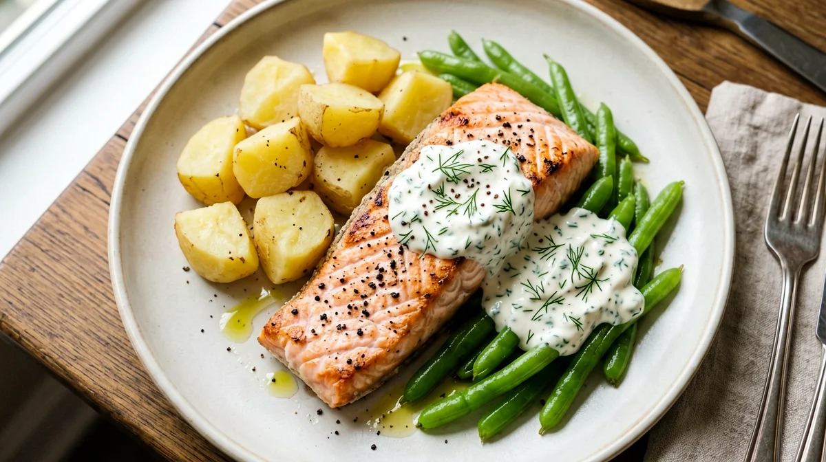 Warm salmon with potatoes, green beans and horseradish yogurt
