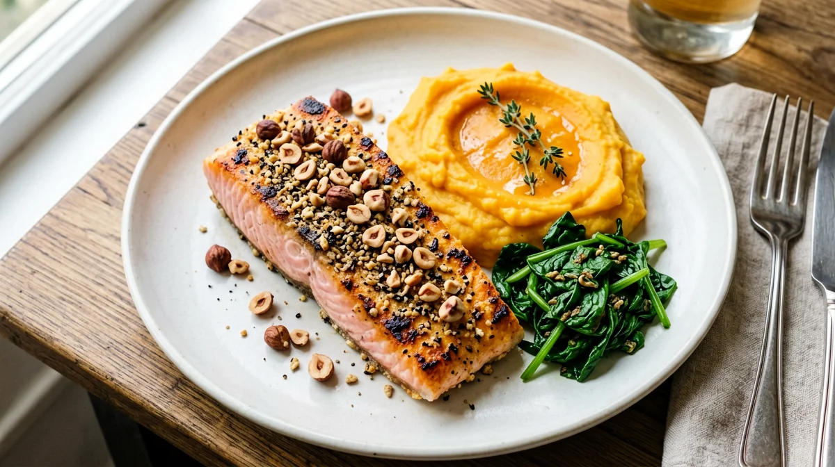 Hazelnut-crusted salmon with sweet potato mash