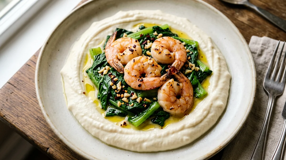 Pan-fried prawns with cannellini cream and turnip greens