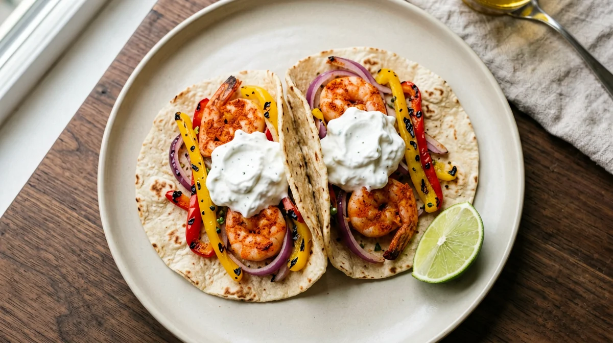 Fajitas di gamberi con peperoni e tortillas integrali