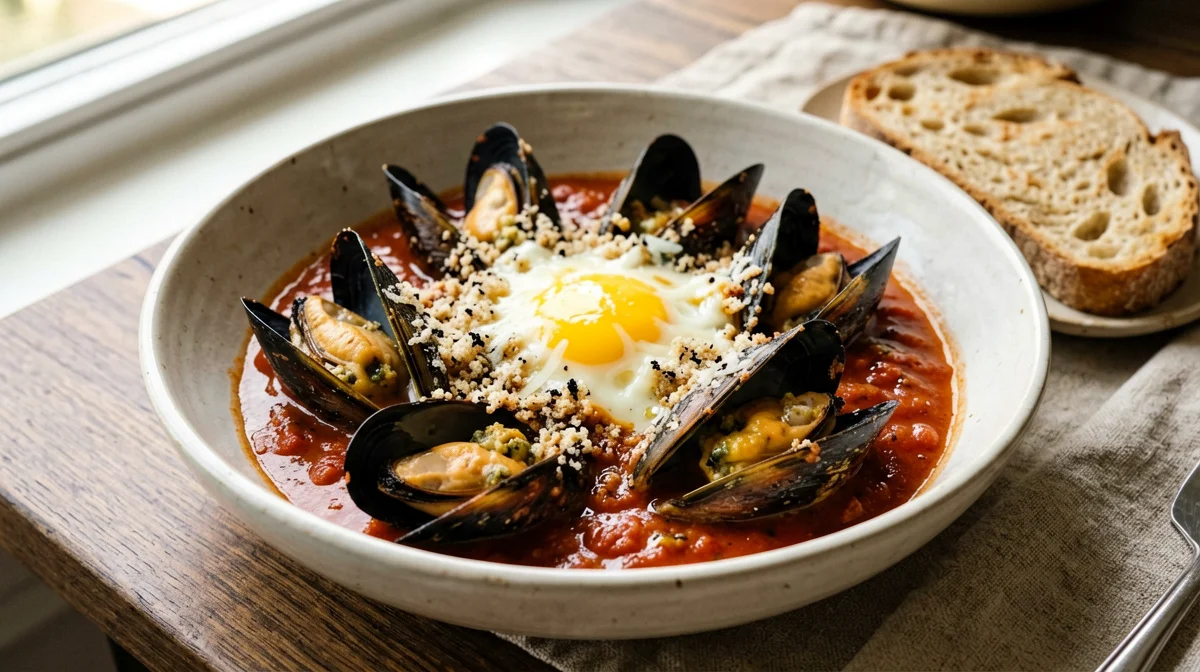 Bari-style stuffed mussels in tomato sauce with bread