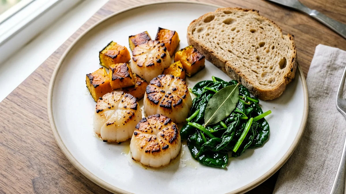 Capesante scottate con zucca arrosto e spinaci alla salvia