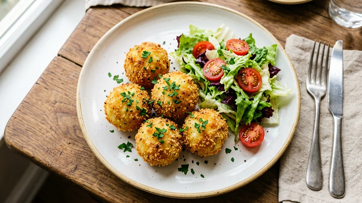 Baked salt cod and potato balls with salad