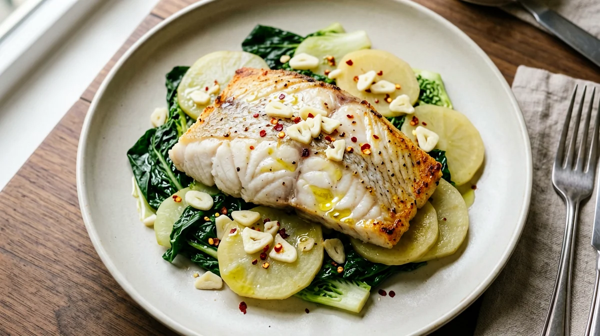 Baked cod with turnip greens and potatoes