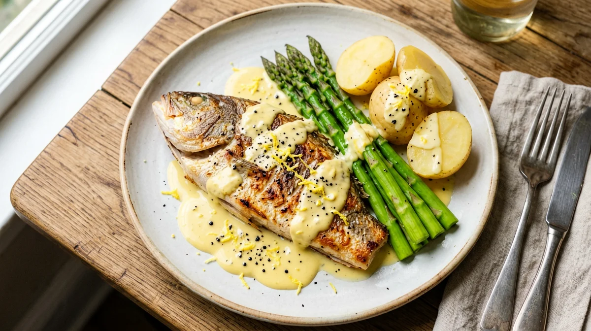 Pan-fried sea bass with asparagus, new potatoes and lemon dressing