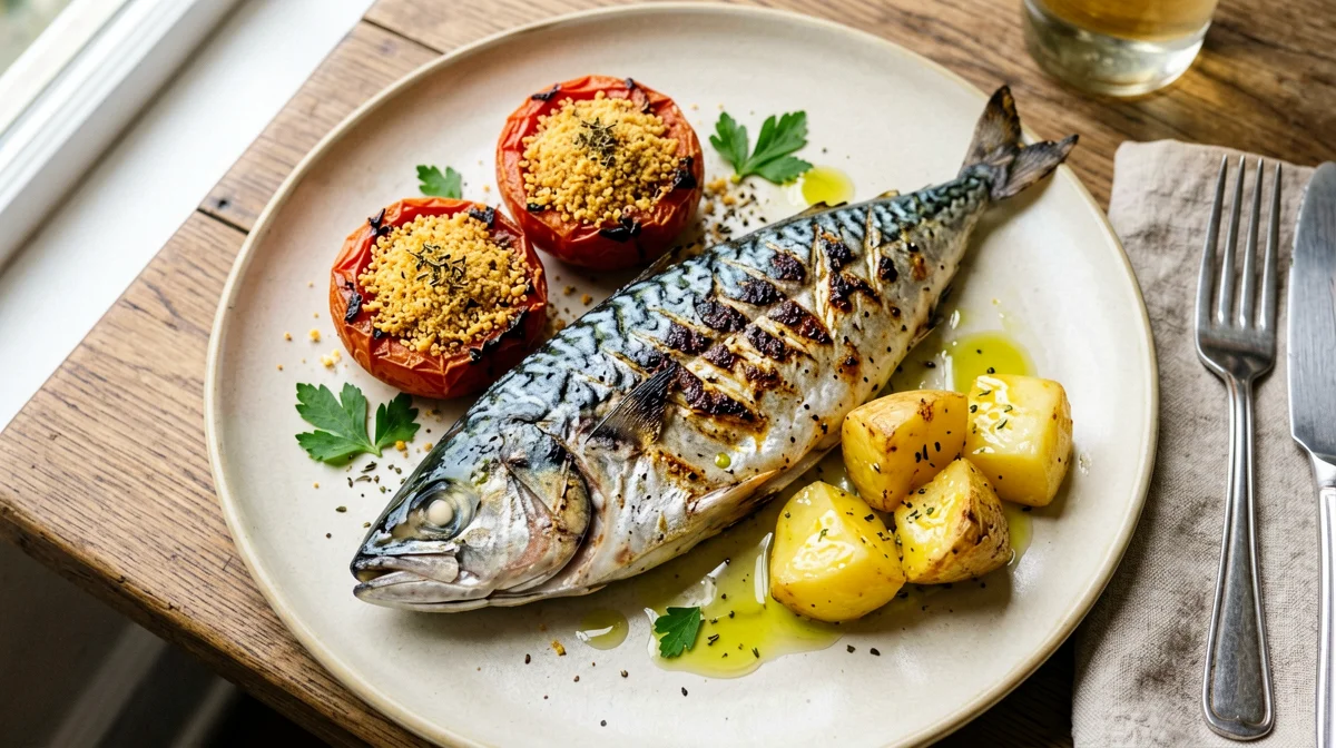 Sgombro con pomodori gratinati e patate lesse