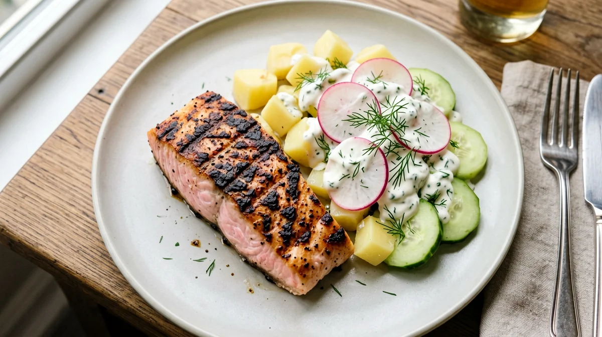 Grilled trout with potato, radish and dill salad