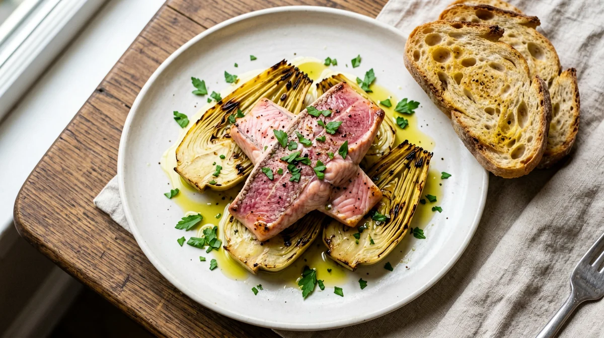 Triglie al forno con carciofi e pane