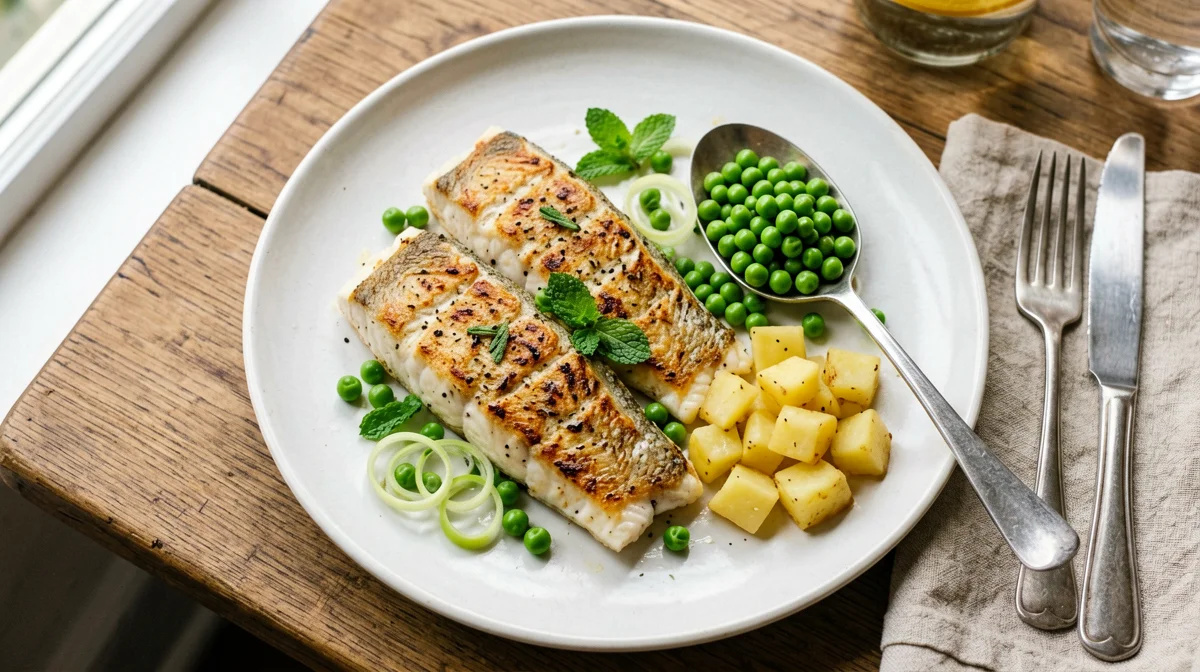 Perch with minted peas and potatoes