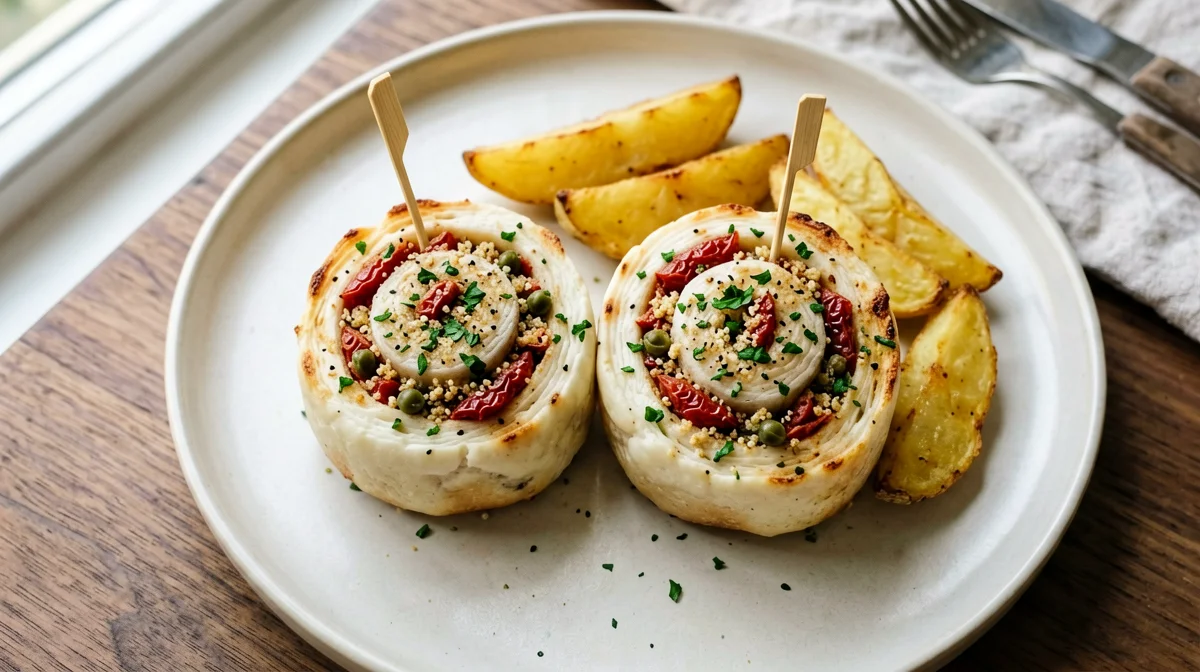 Plaice rolls with sun-dried tomatoes and capers and roast potatoes