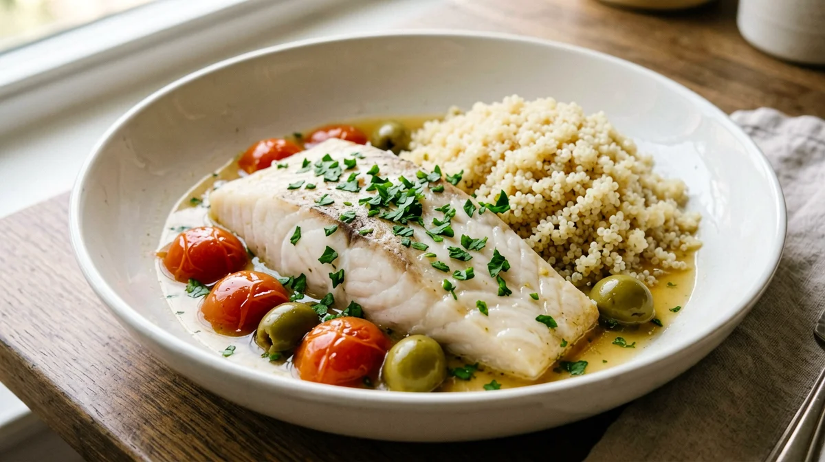 Pangasius in olive guazzetto with quinoa