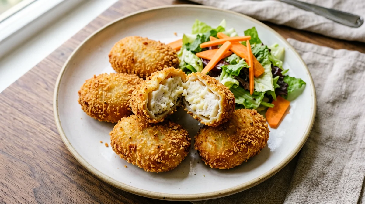 Baked Alaska pollock and potato croquettes with salad