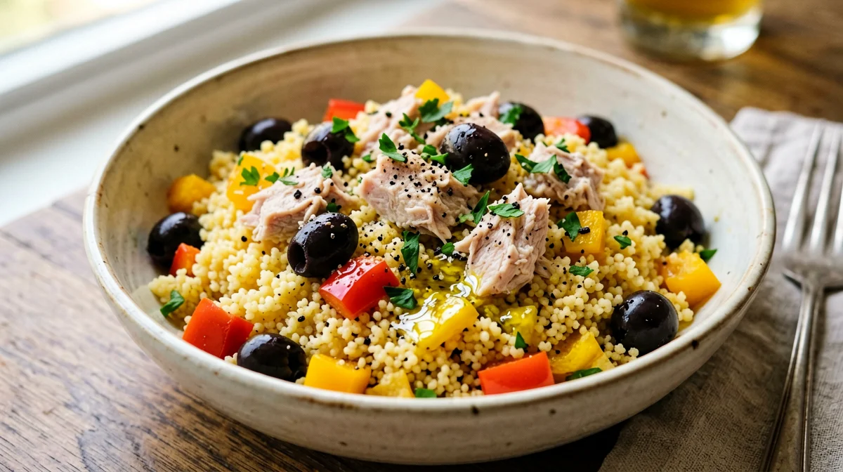 Couscous con tonno, peperoni e olive