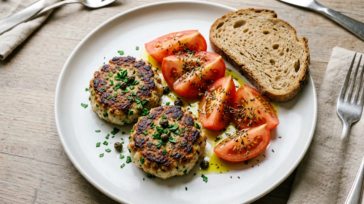 Mediterranean sardine burgers with tomato salad and bread