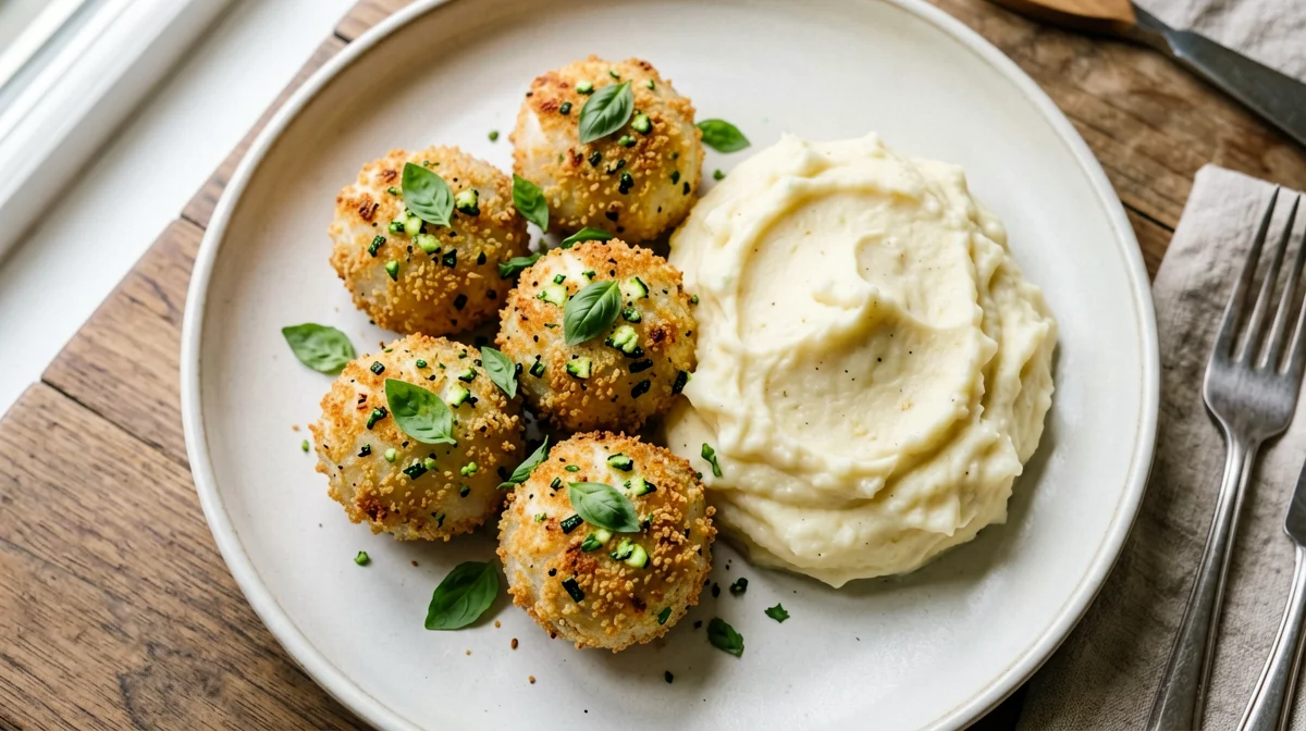 Baked sea bream and zucchini balls with mash