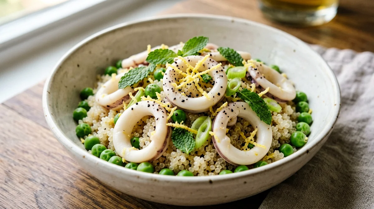 Quinoa with squid, peas and mint