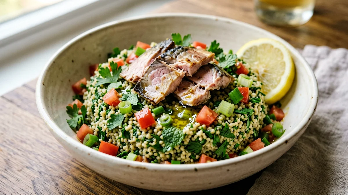 Tabbouleh di bulgur con sgombro, pomodori e prezzemolo