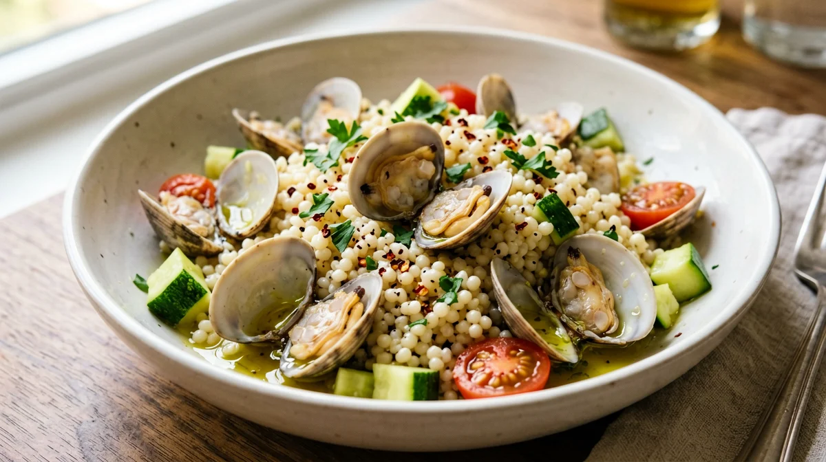 Pearl barley with clams, zucchini and cherry tomatoes