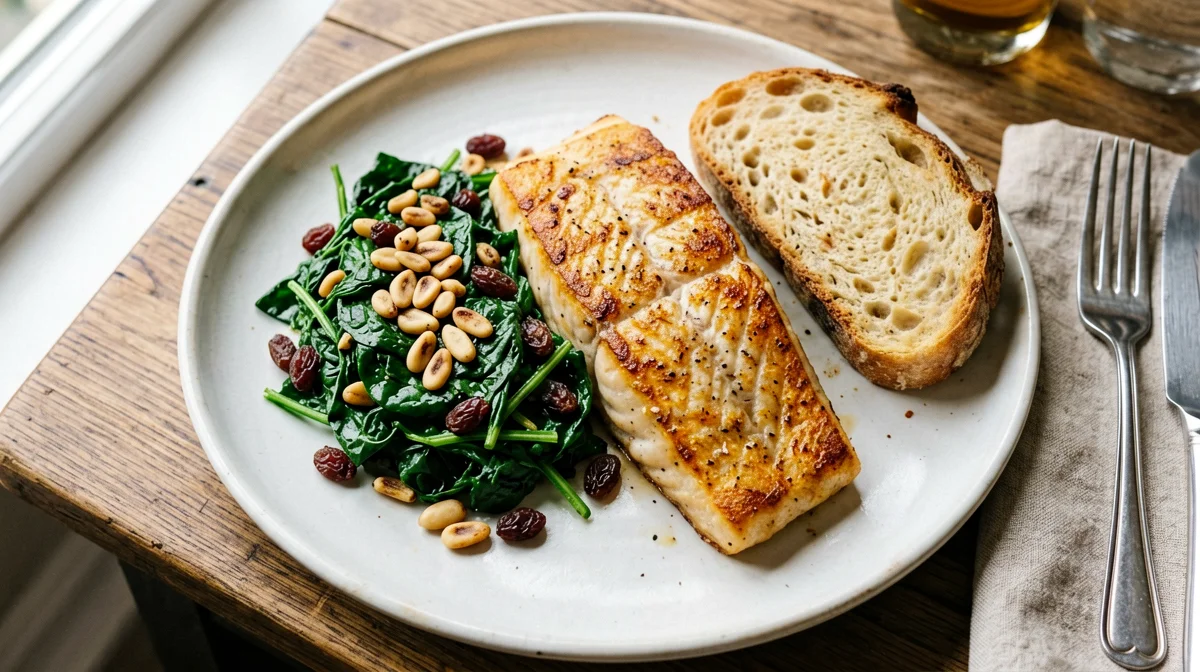 Halibut with spinach, pine nuts and raisins and bread