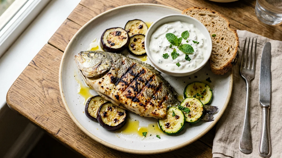 Tilapia con verdure grigliate, salsa allo yogurt e pane