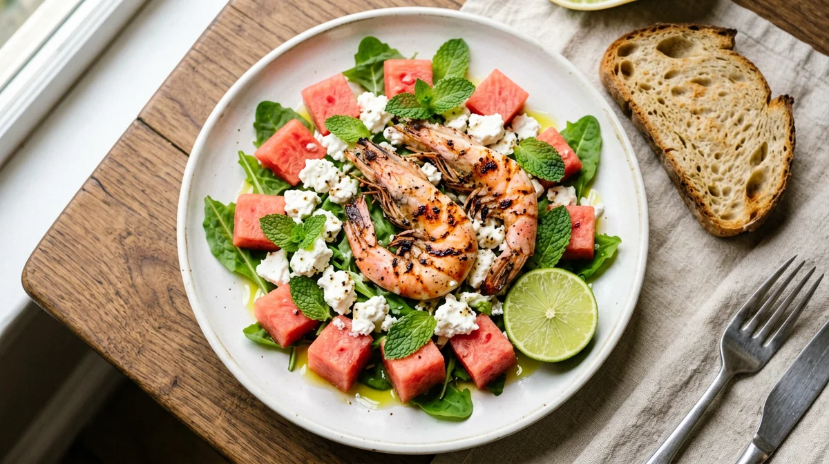 Gamberi alla griglia con insalata di anguria, feta e rucola