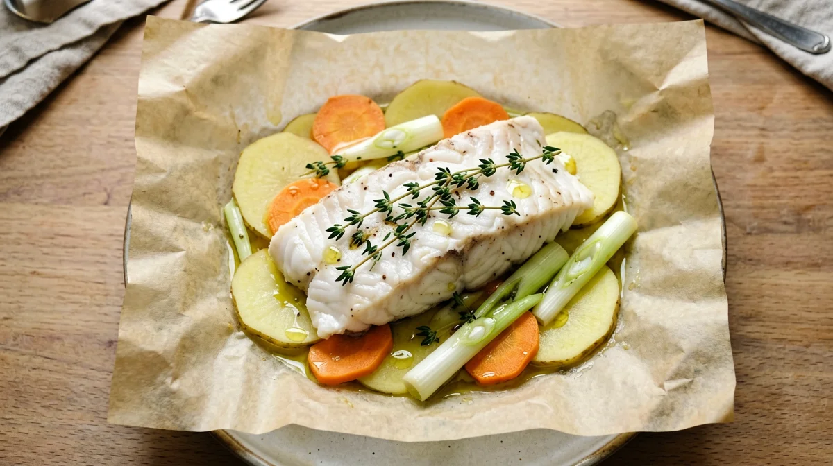 Cod en papillote with leeks, carrots and potatoes