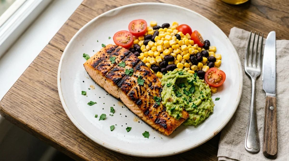 Salmone alla griglia con salsa di avocado e insalata di mais e fagioli neri