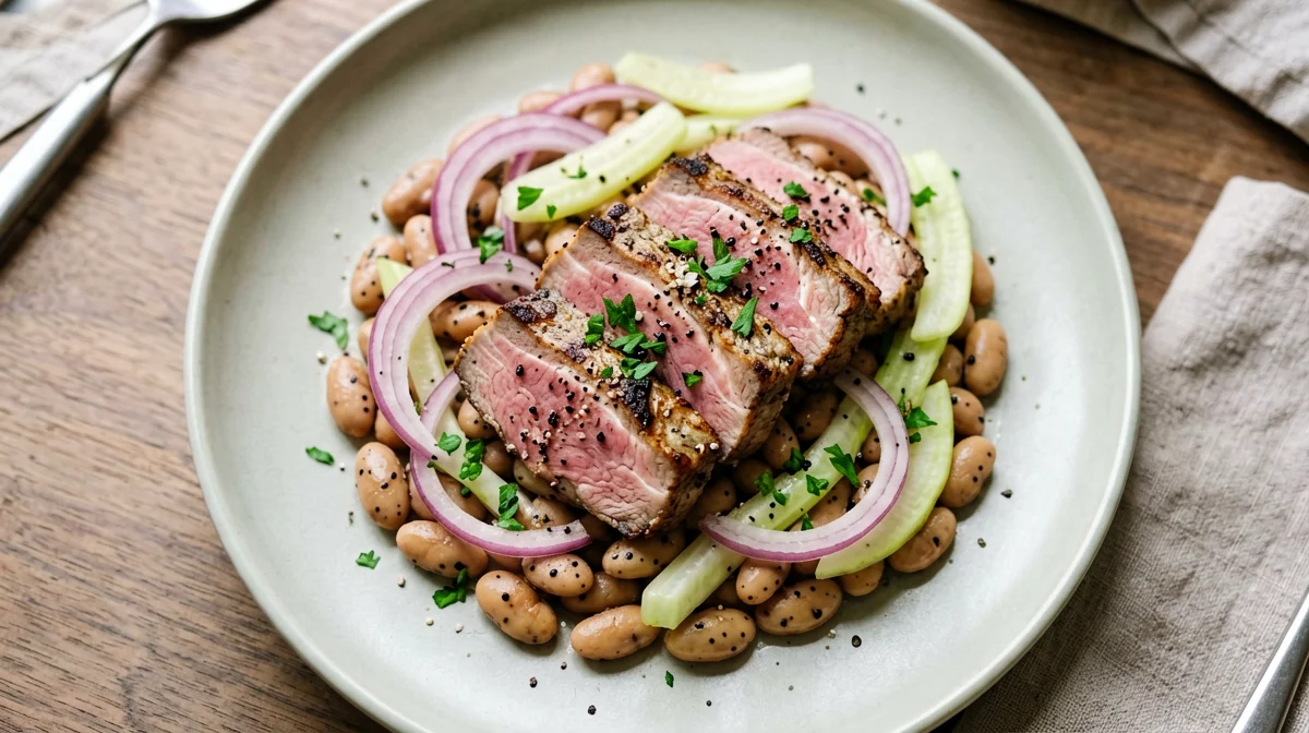 Bonito with borlotti beans and red onion