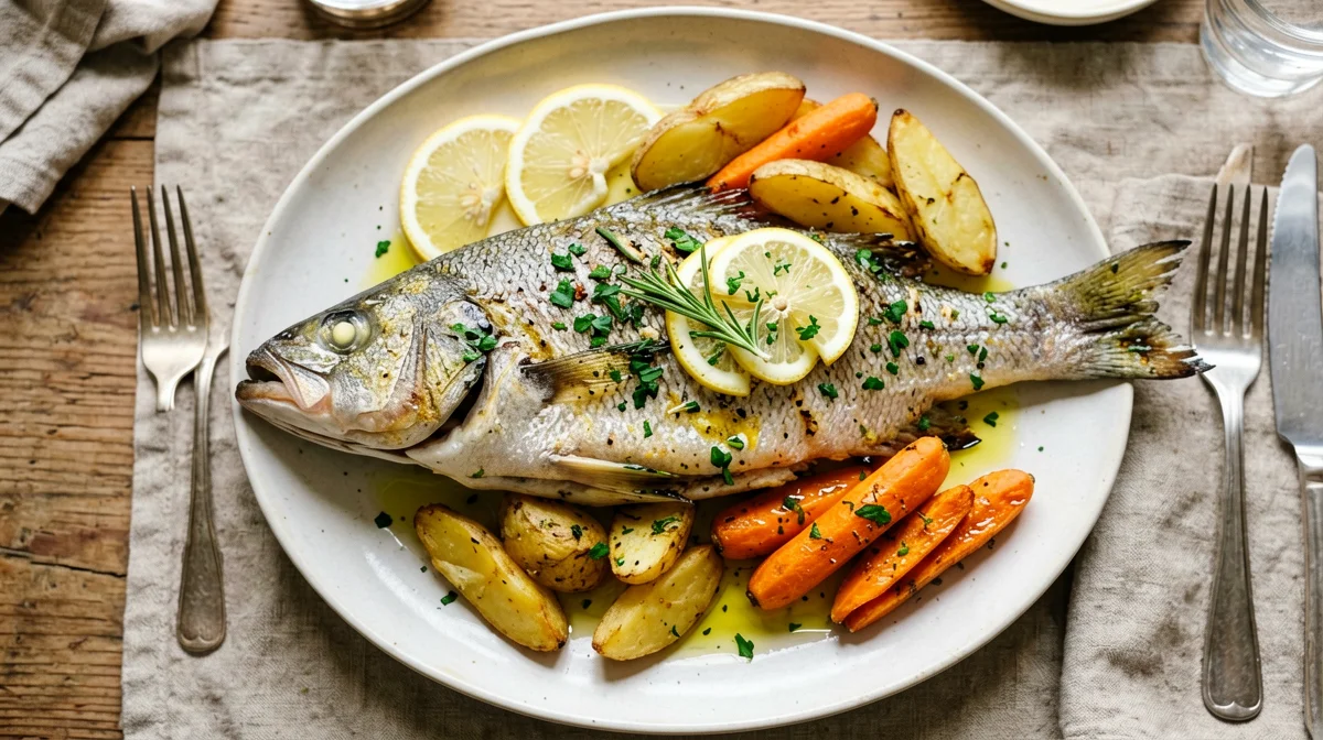 Herb-stuffed baked trout with potatoes and carrots