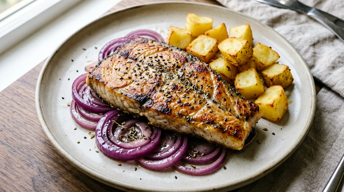 Amberjack with braised red onions, oregano and roast potatoes