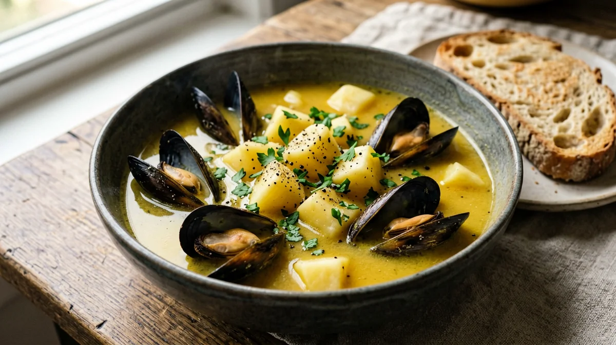Saffron mussels with potatoes and bread