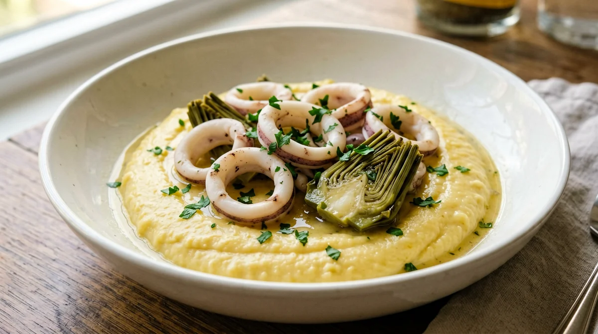 Squid and artichoke stew with polenta