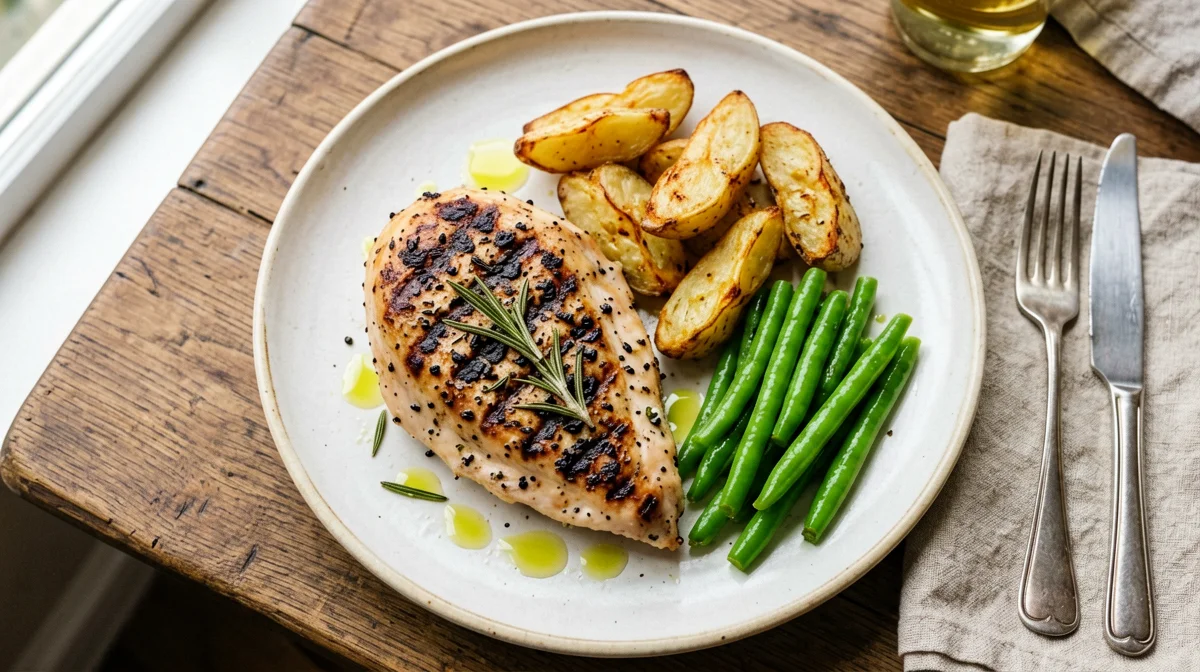 Petto di pollo al rosmarino con patate novelle e fagiolini