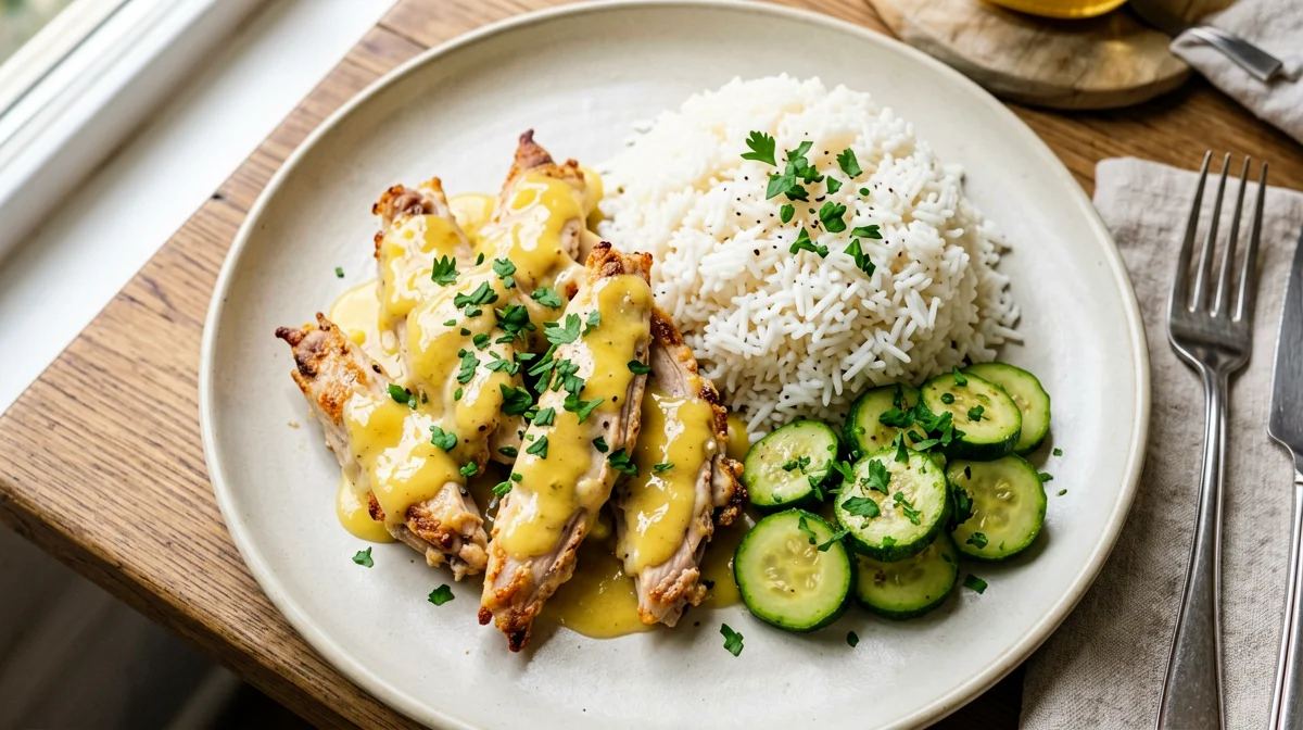 Lemon chicken strips with basmati rice and zucchini