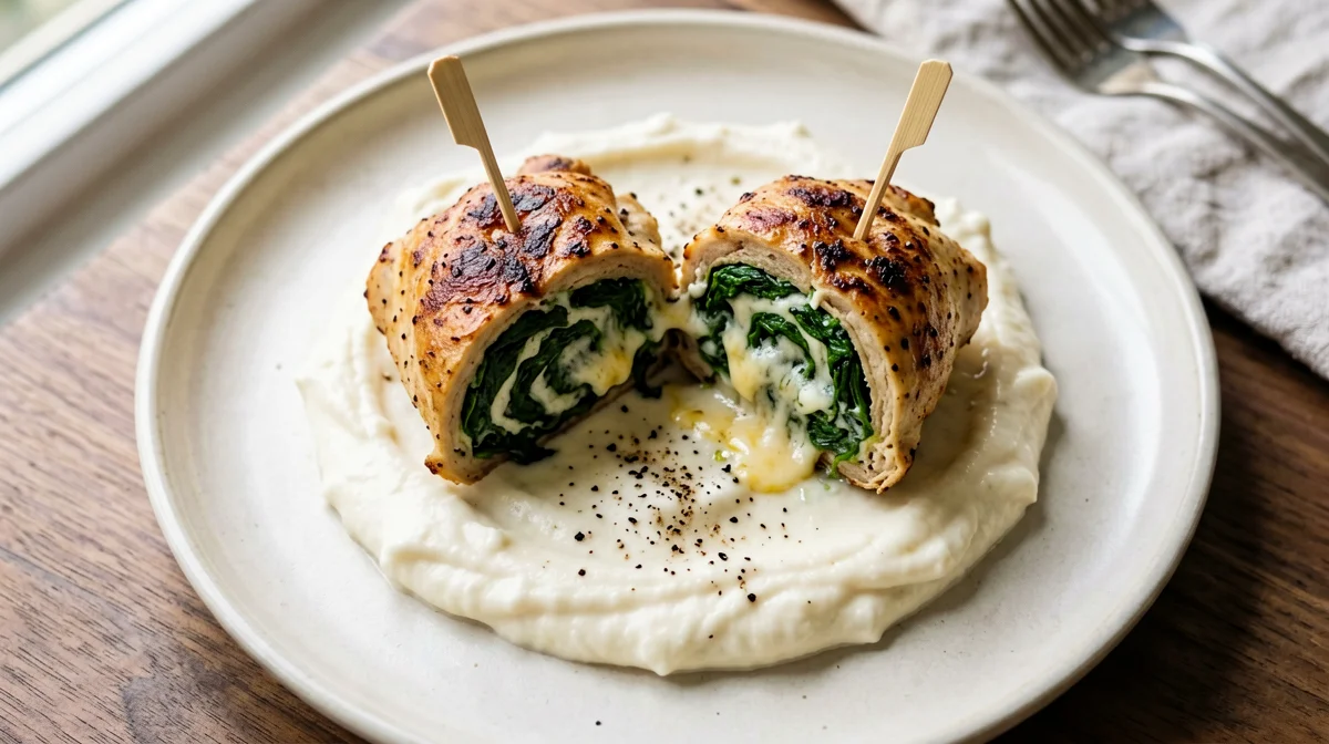 Chicken rolls with spinach and Grana and a light mash