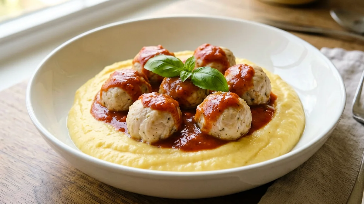 Polpette di pollo al sugo con polenta morbida