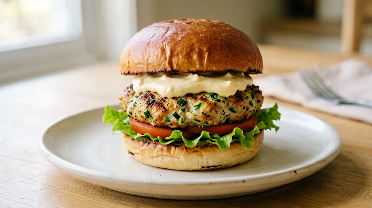 Chicken and zucchini burger with lettuce and tomato