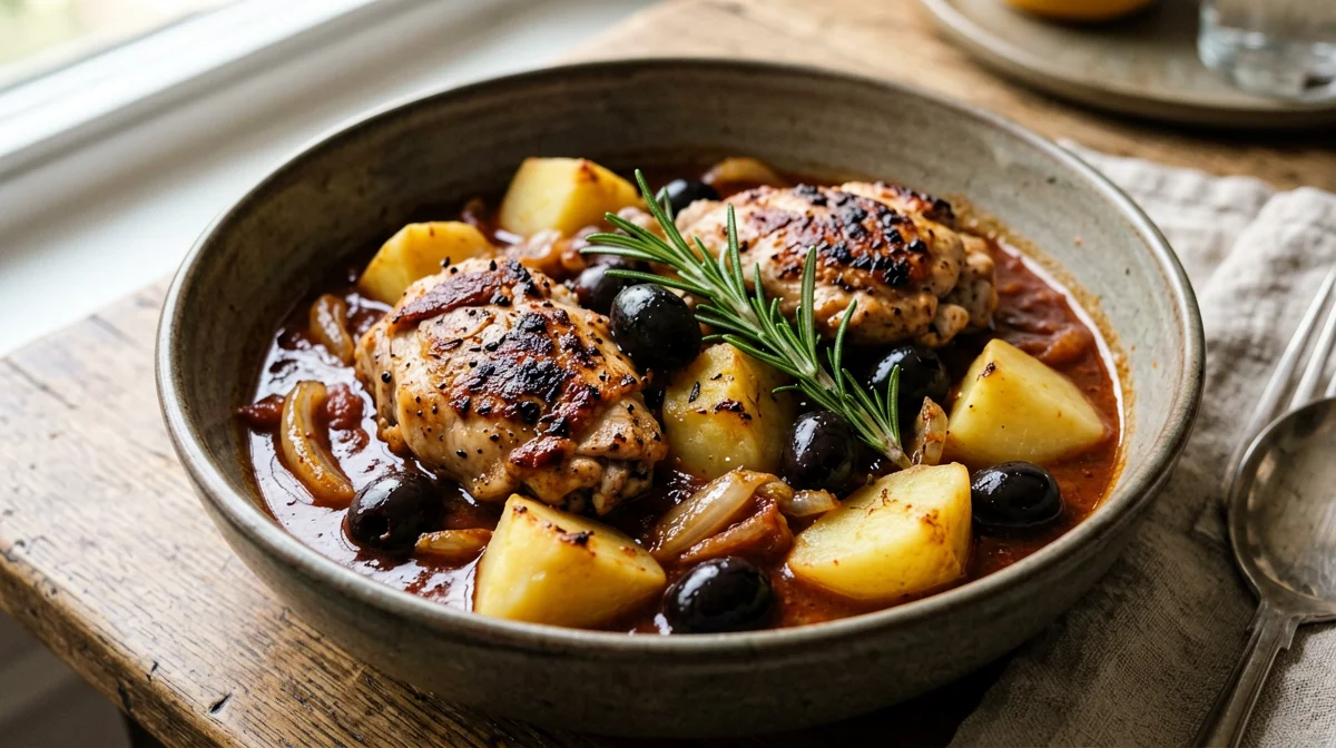 Hunter-style chicken with olives and potatoes