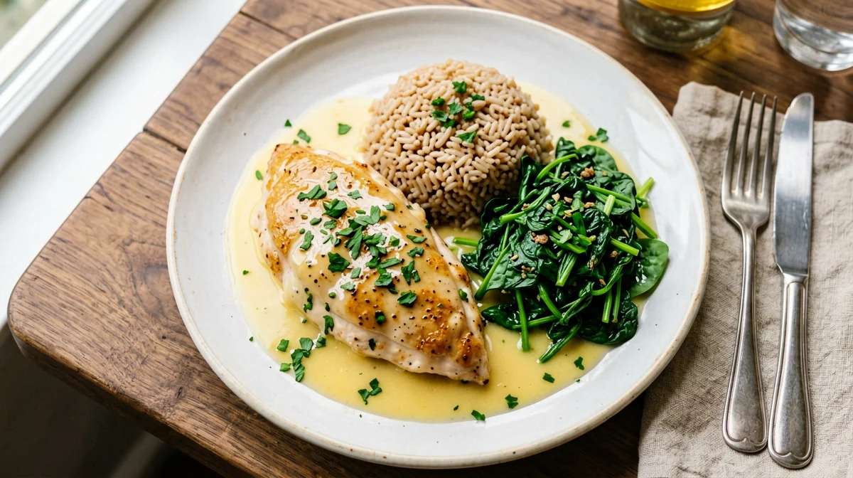Scaloppine di pollo al limone con riso integrale e spinaci