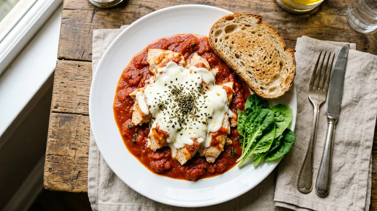 Pizzaiola chicken with light mozzarella and wholemeal bread