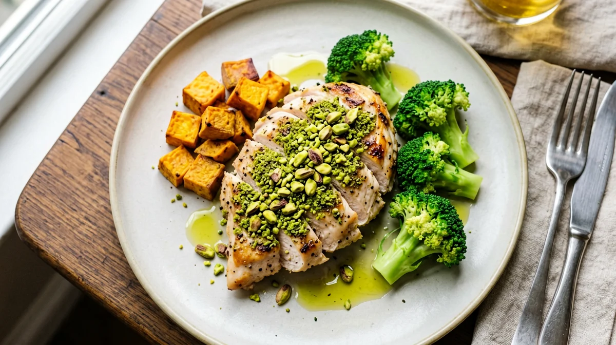 Pollo in crosta di pistacchi con patate dolci e broccoli