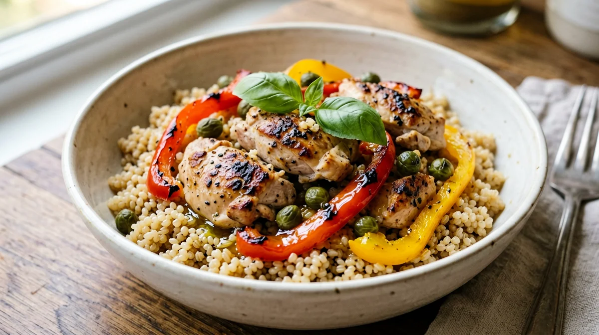 Chicken bites with peppers and farro