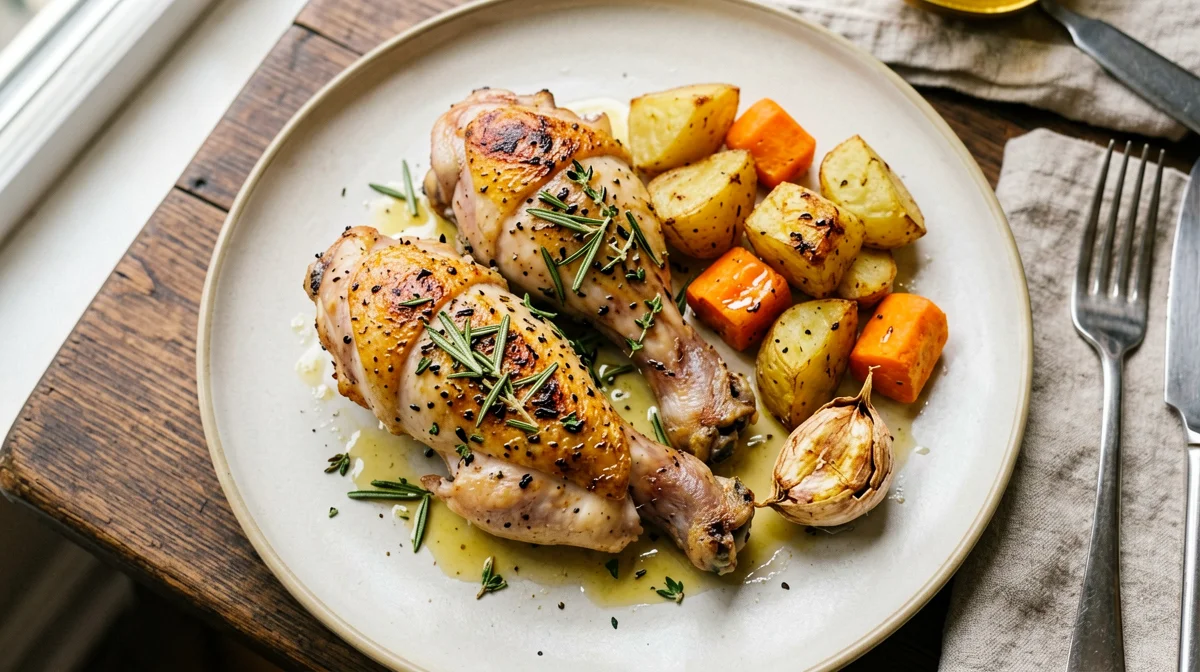 Fusi di pollo arrosto alle erbe con patate e carote