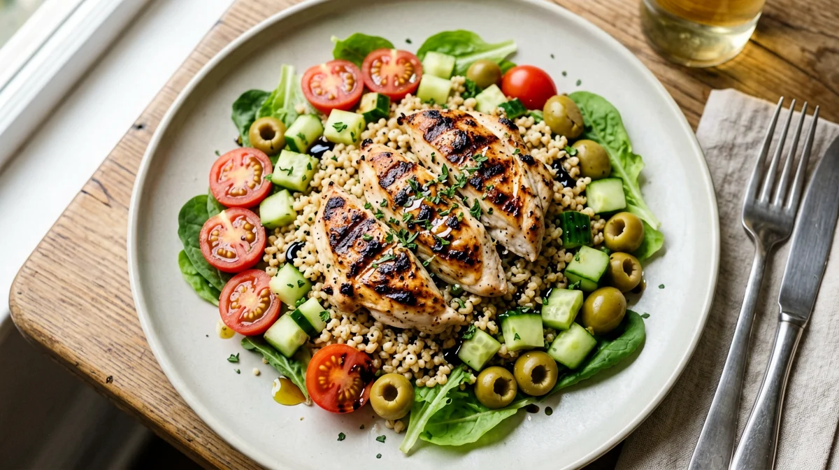 Insalata tiepida di pollo, farro, pomodorini e rucola