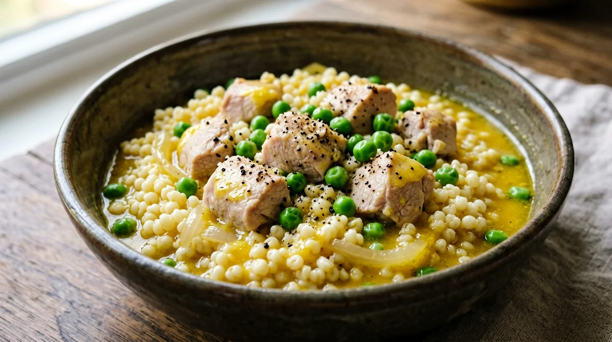 Pollo allo zafferano con orzo perlato e piselli