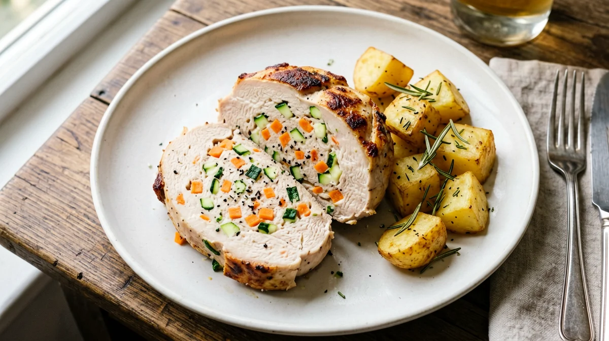 Chicken and vegetable meatloaf with roast potatoes